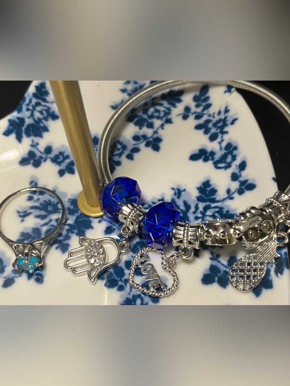 Silver Charm Bracelet with Cobalt Blue Crystal Beads and Hamsa & Heart Charms